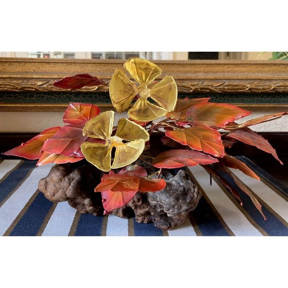 Vintage 70s Copper Leaf Branch On Wood Log Metal